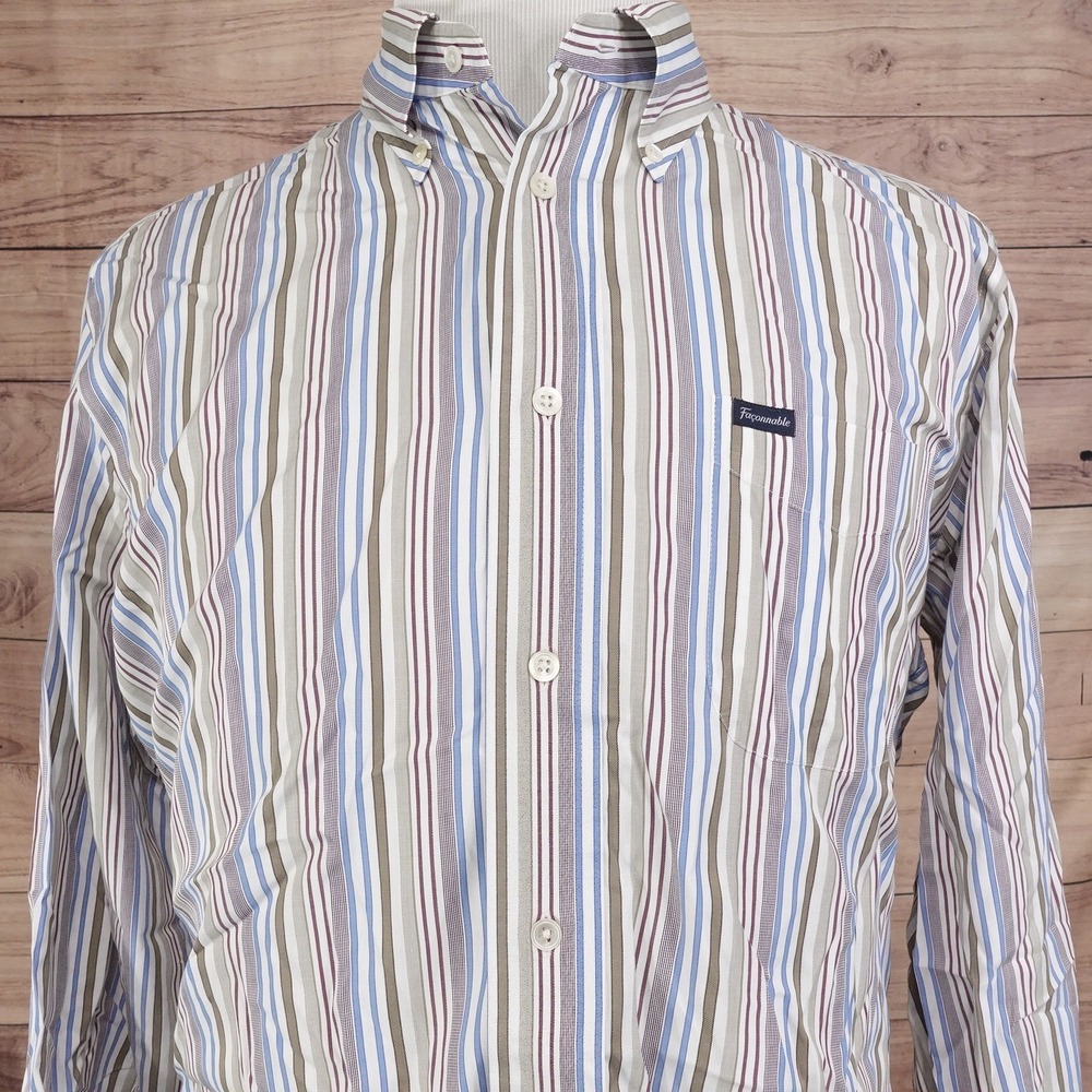 FACONNABLE CLASSIQUE STRIPED 100%‎ COTTON BUTTON DOWN SHIRT MENS SIZE L **READ**